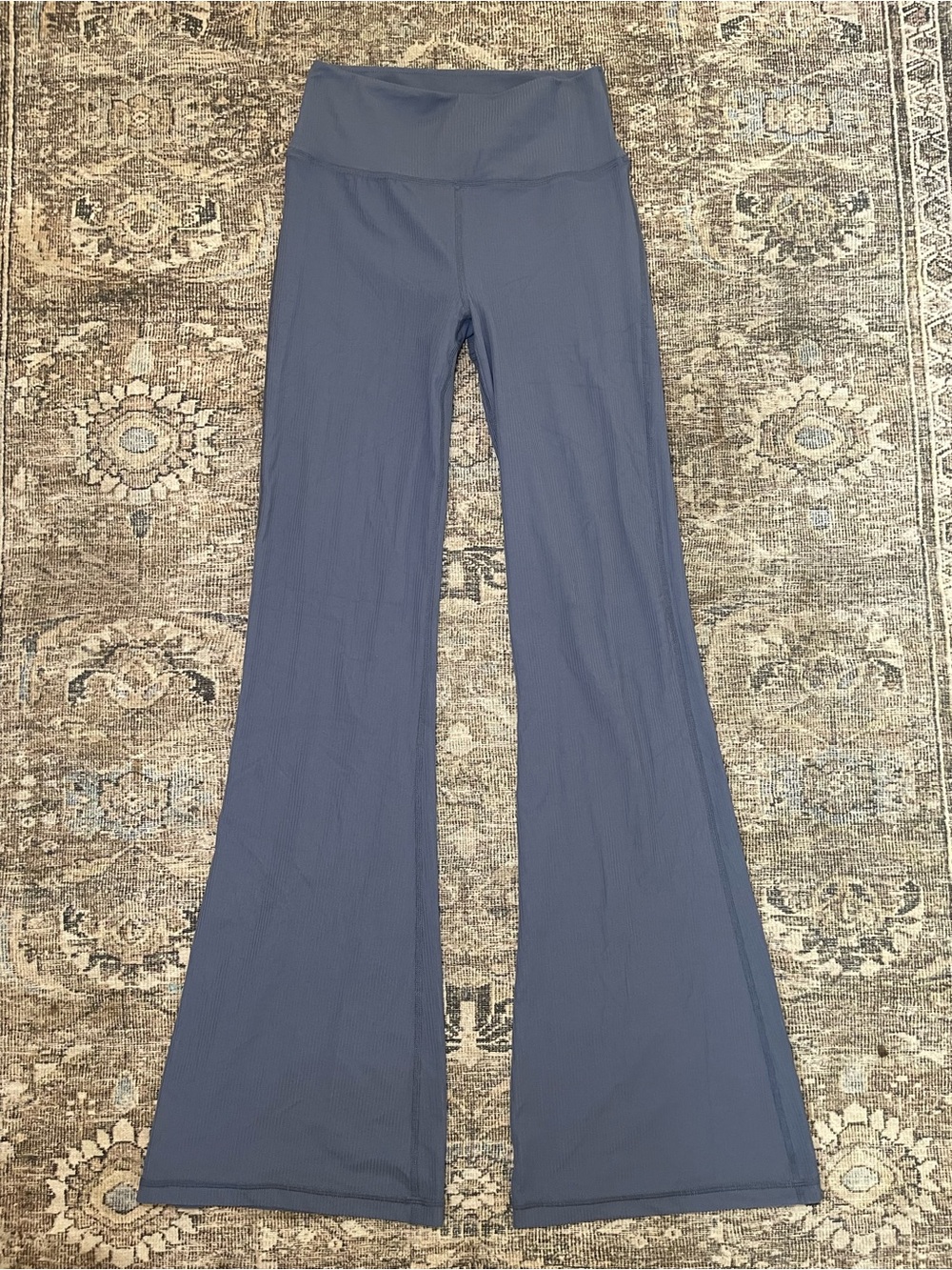 Sweaty Betty Ribbed High-Waist Flare Leggings in Dusty Blue